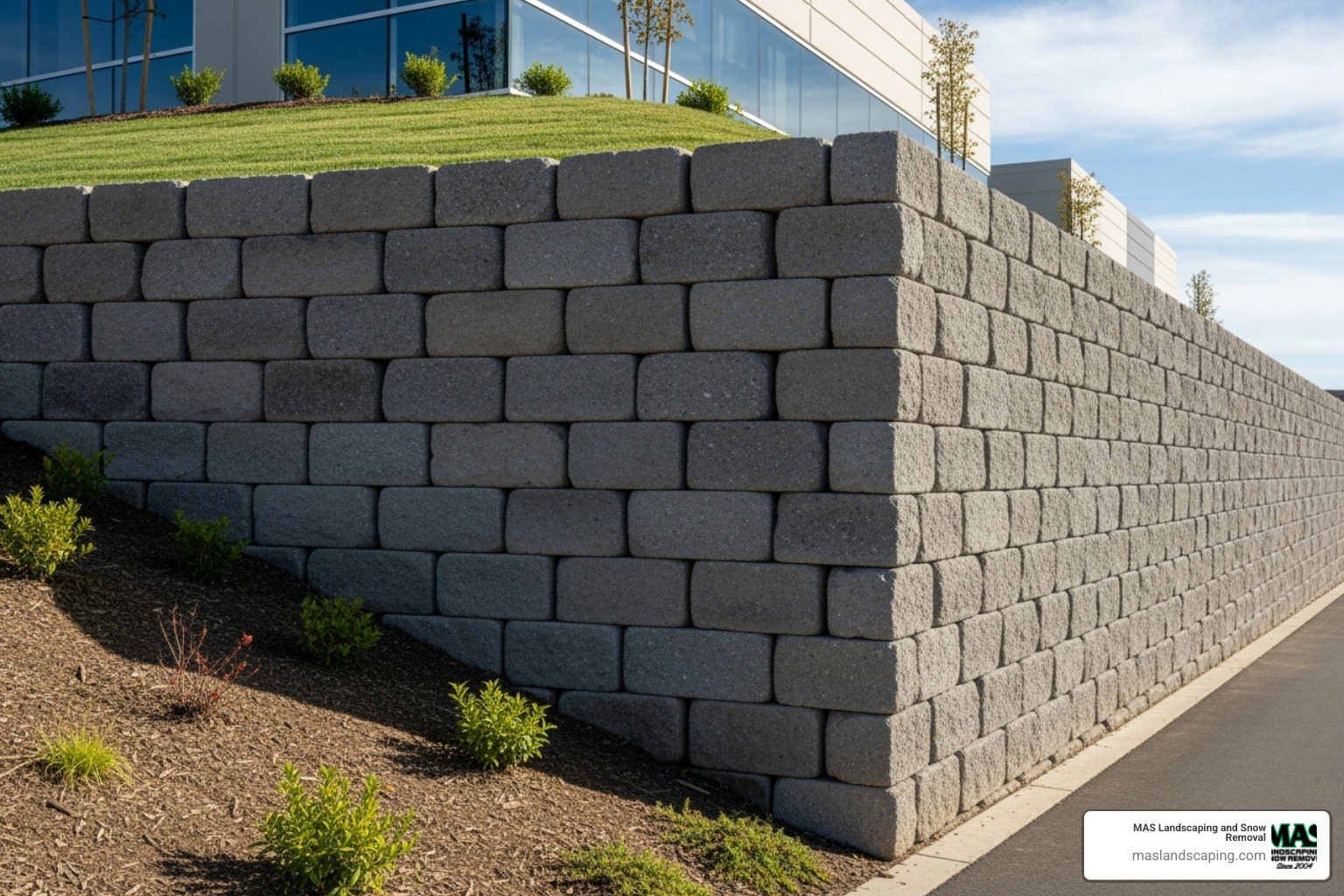 Large-format concrete blocks being used to construct a sturdy commercial retaining wall on a sloped terrain - concrete landscape blocks