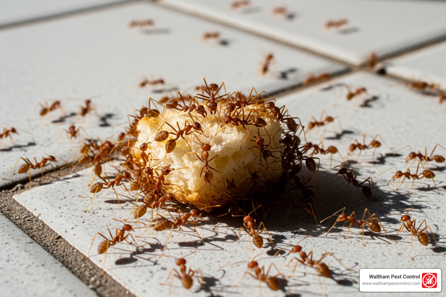 ants swarming a crumb on the floor - little red ants in house