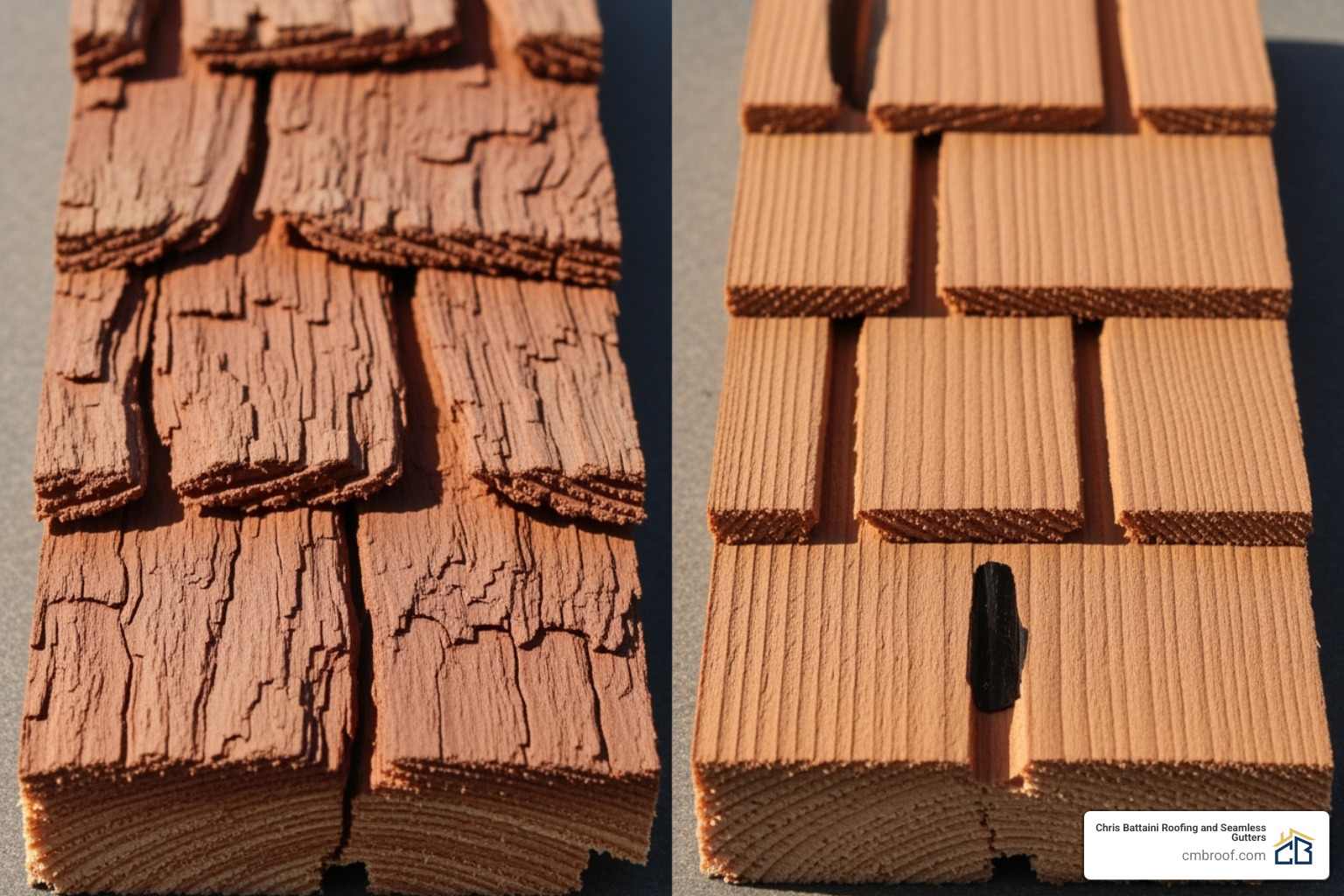 Side-by-side comparison of a rustic cedar shake and a smooth cedar shingle - cedar shakes for sale