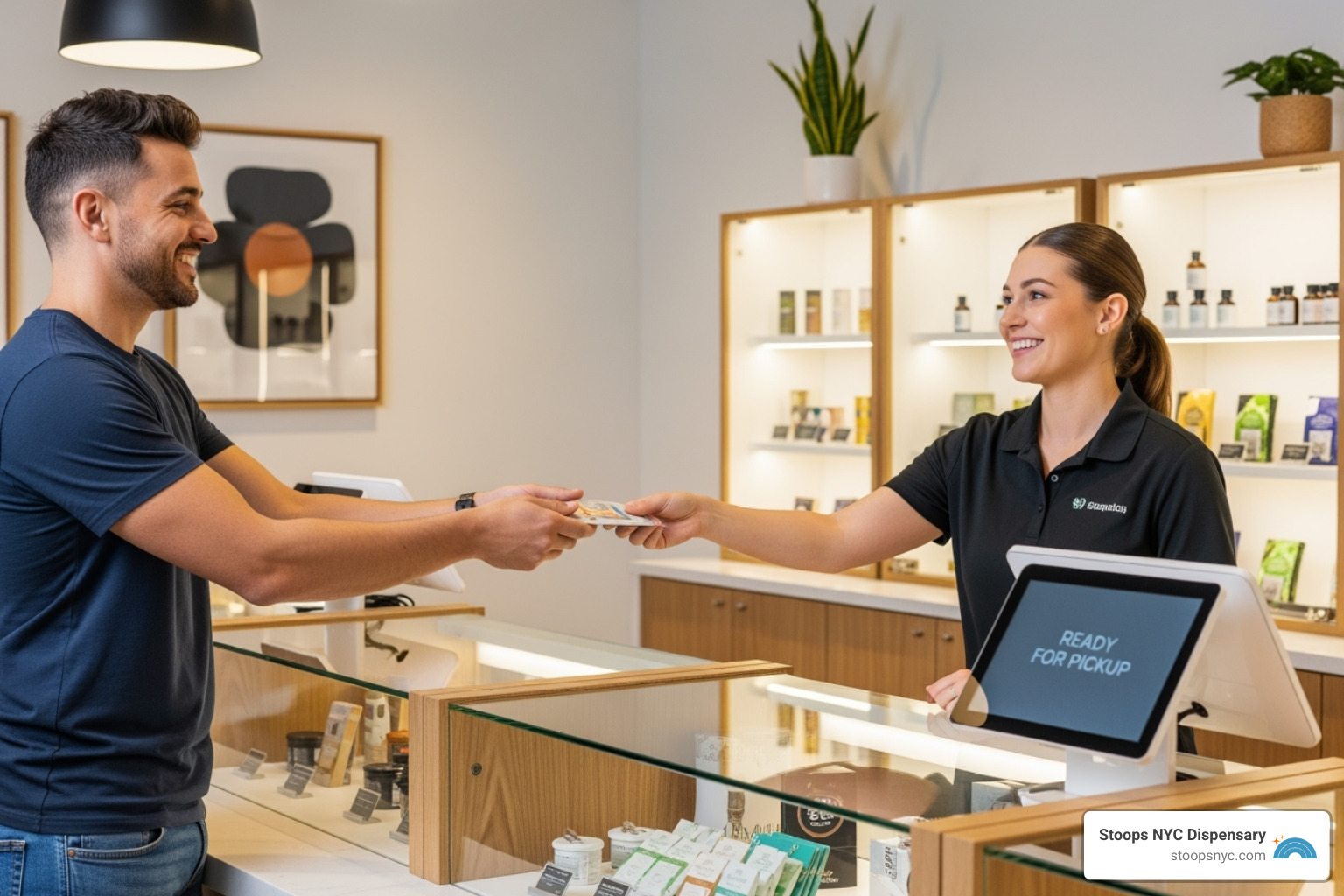 A customer is seen happily picking up a pre-ordered package at a clean, modern dispensary counter, with a friendly staff member handing over the order. - dispensary near me within 0.2 mi