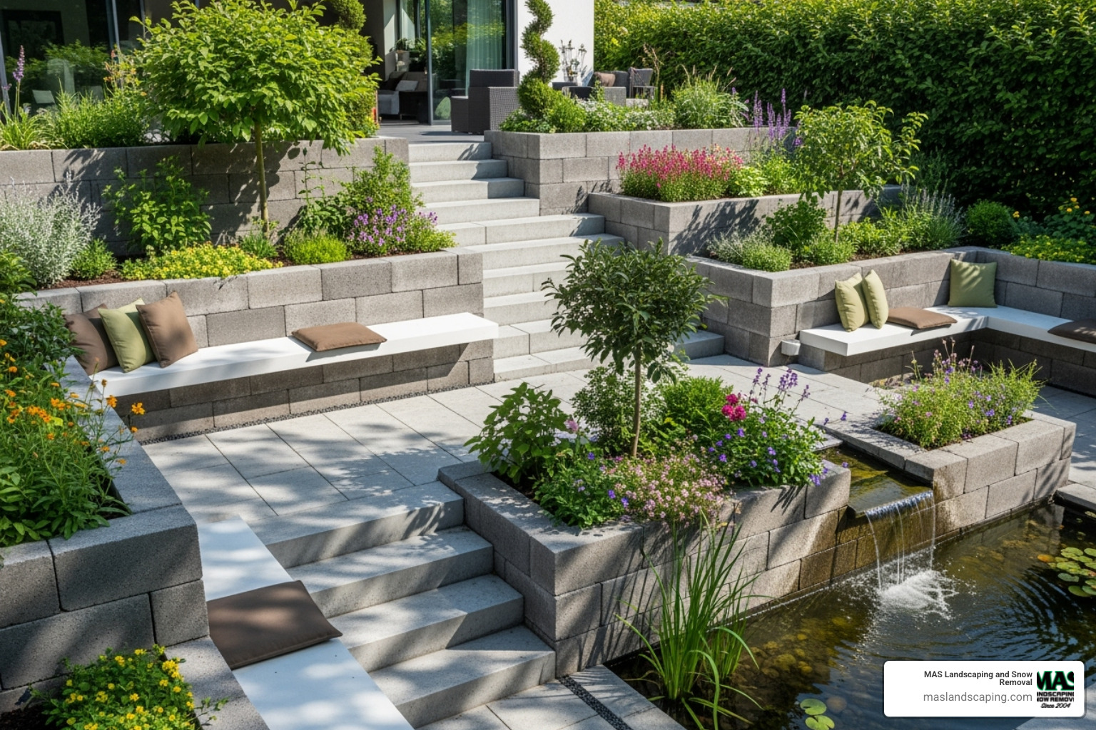 A multi-tiered garden created with concrete blocks, featuring integrated planters, steps, and built-in seating areas - concrete landscape blocks