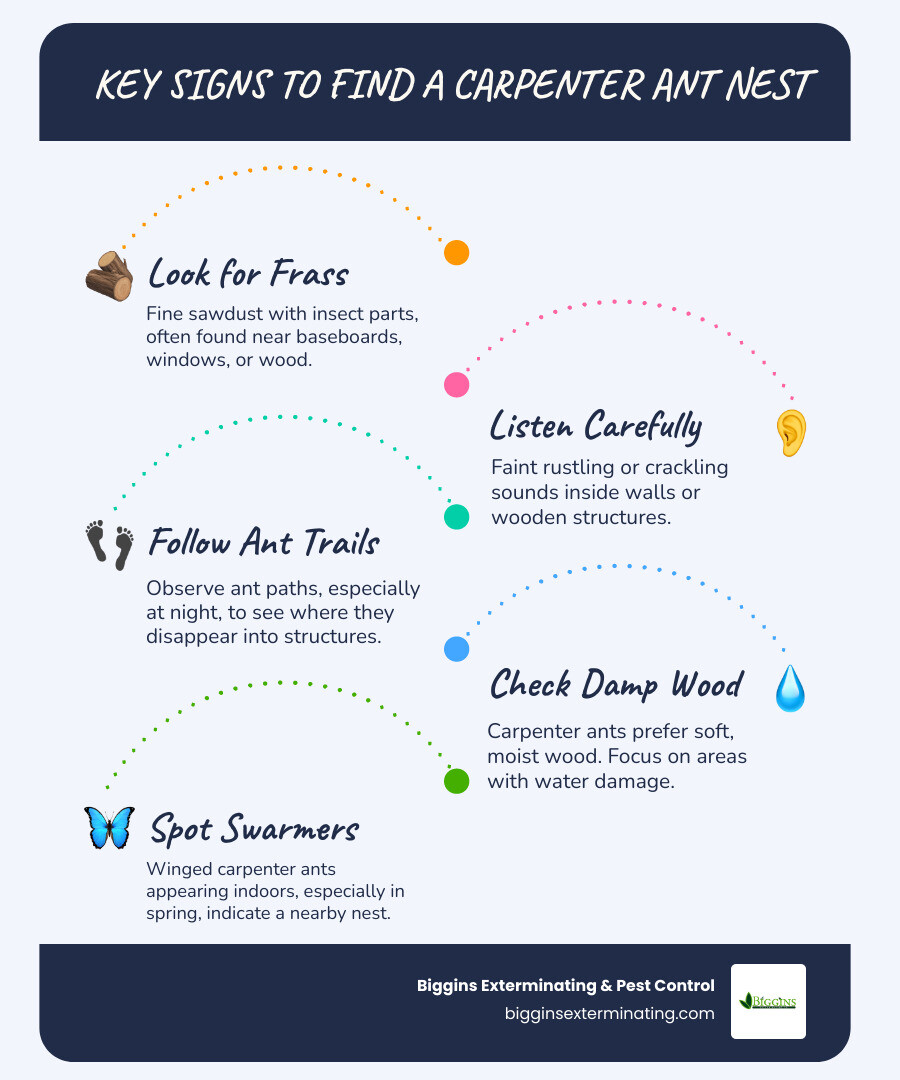 Infographic showing key signs to find a carpenter ant nest including frass (sawdust), rustling sounds, following ant trails, checking damp wood areas, and identifying winged swarmers. - find carpenter ant nest infographic infographic-line-5-steps-blues-accent_colors