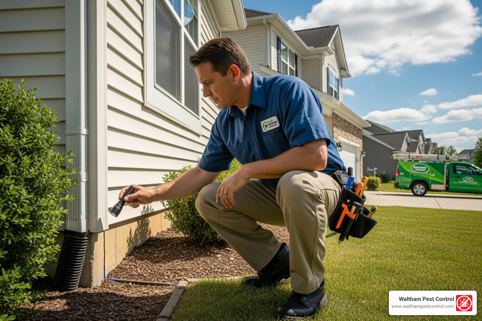a pest control technician inspecting a home's foundation - little red ants in house
