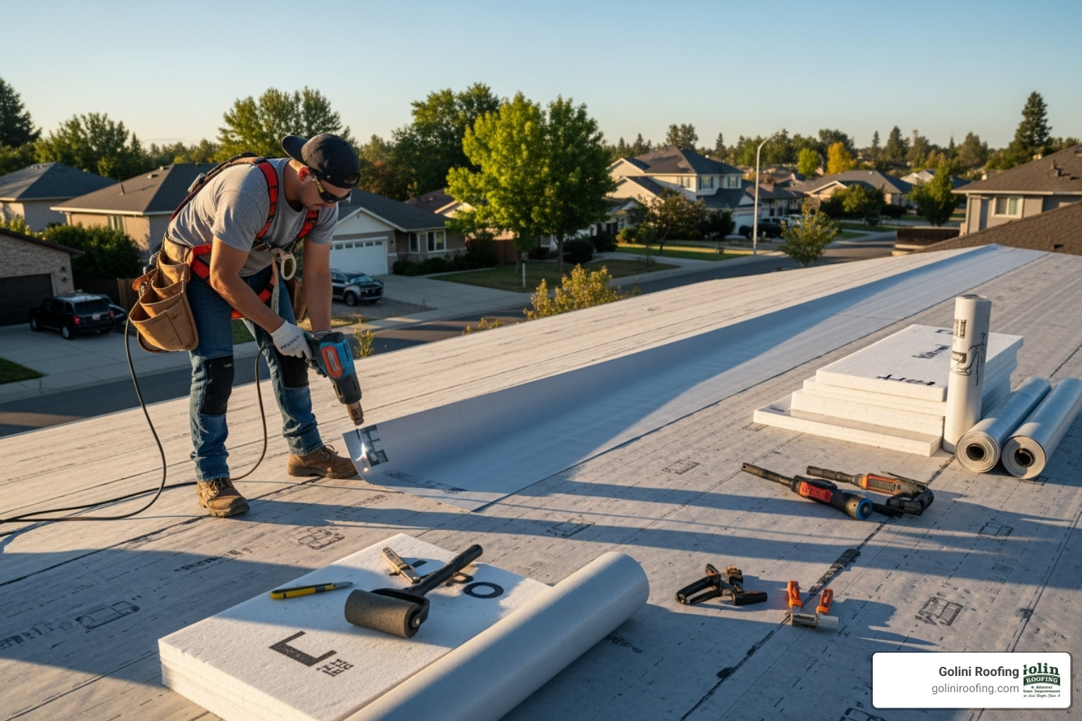 roofer installing a TPO membrane on a residential flat roof - flat roofer cost roofer installing a TPO membrane on a residential flat roof - flat roofer cost