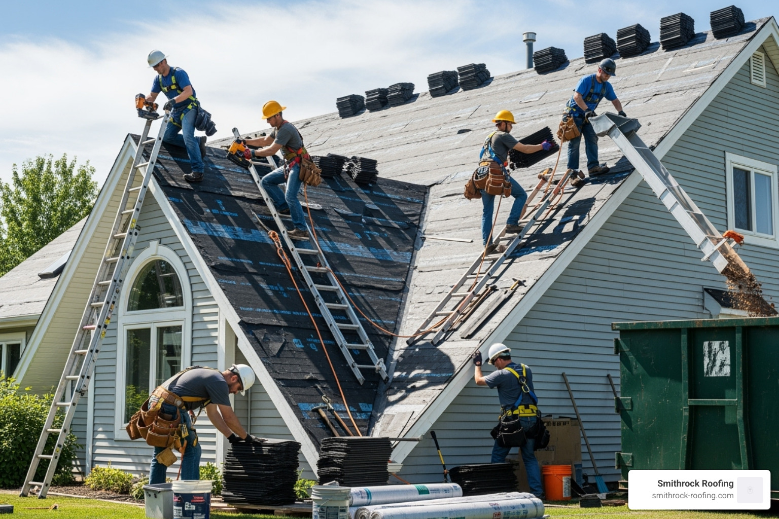 professional roofing crew working safely on a roof - shingle roof replacement NC
