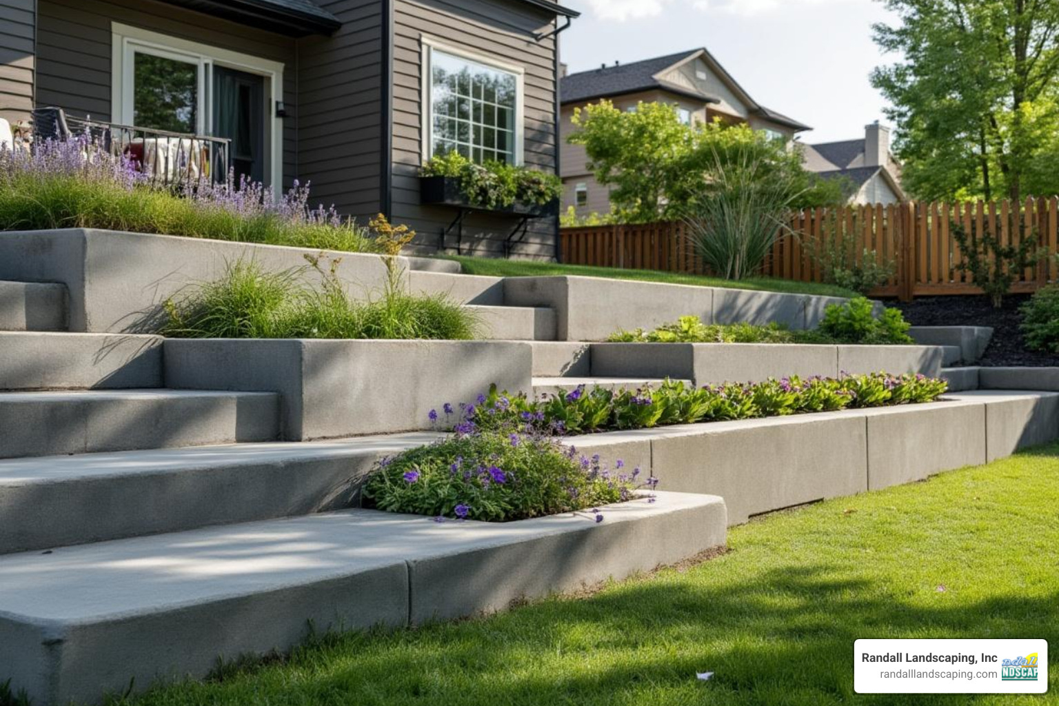 a sleek, modern retaining wall made from large, smooth-faced concrete blocks in a suburban backyard - residential retaining walls