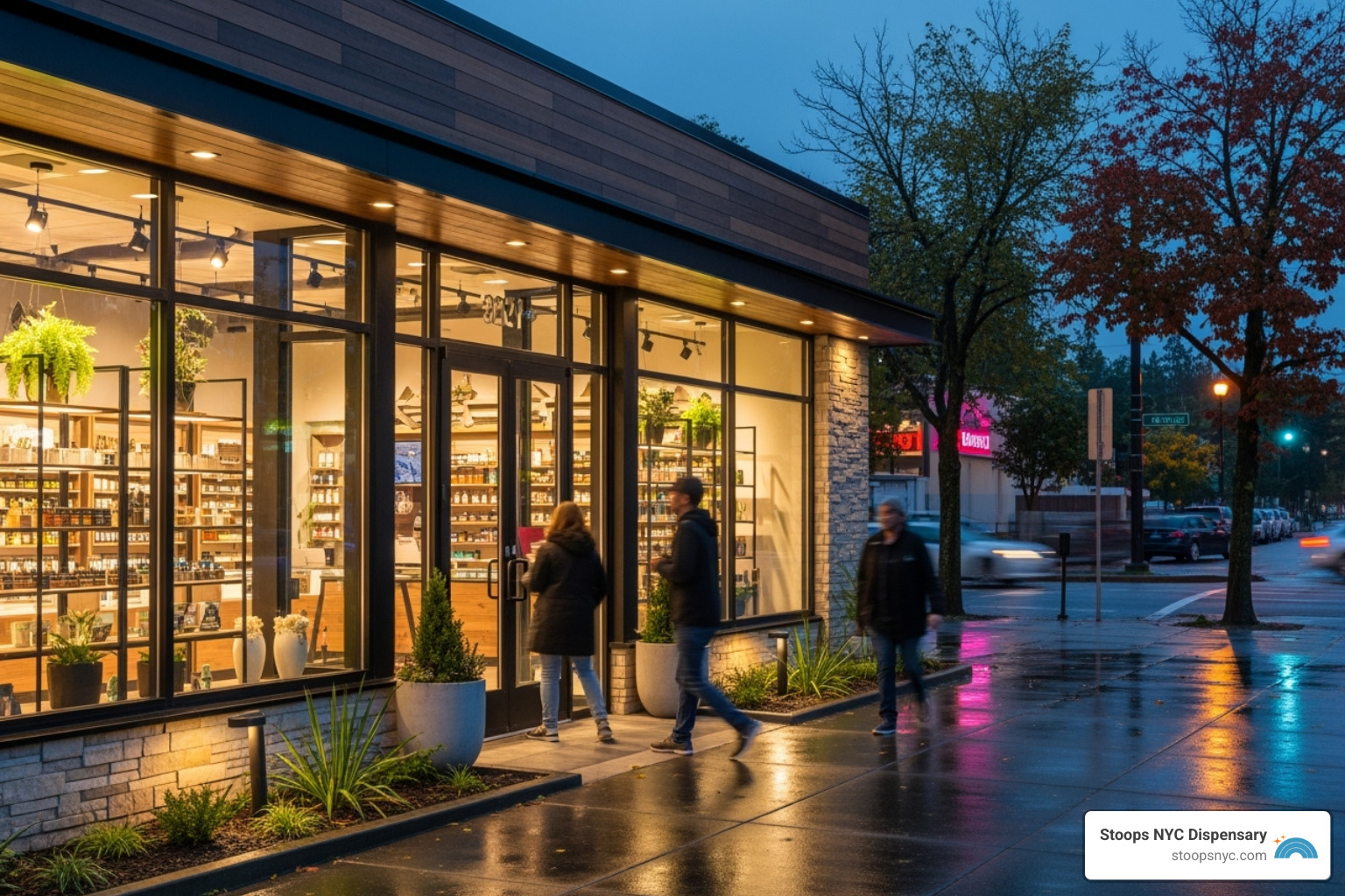A friendly budtender assists a customer inside a clean, modern dispensary, pointing to products on a display shelf with a welcoming smile. - dispensary near me within 0.2 mi