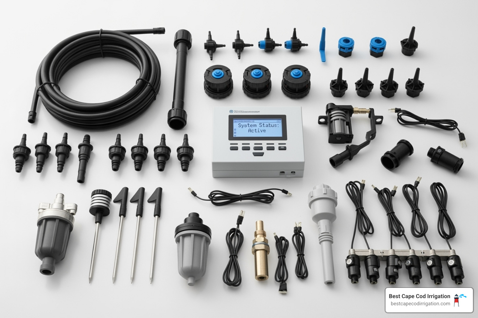 Key components of a smart drip irrigation system laid out and labeled - smart drip irrigation system