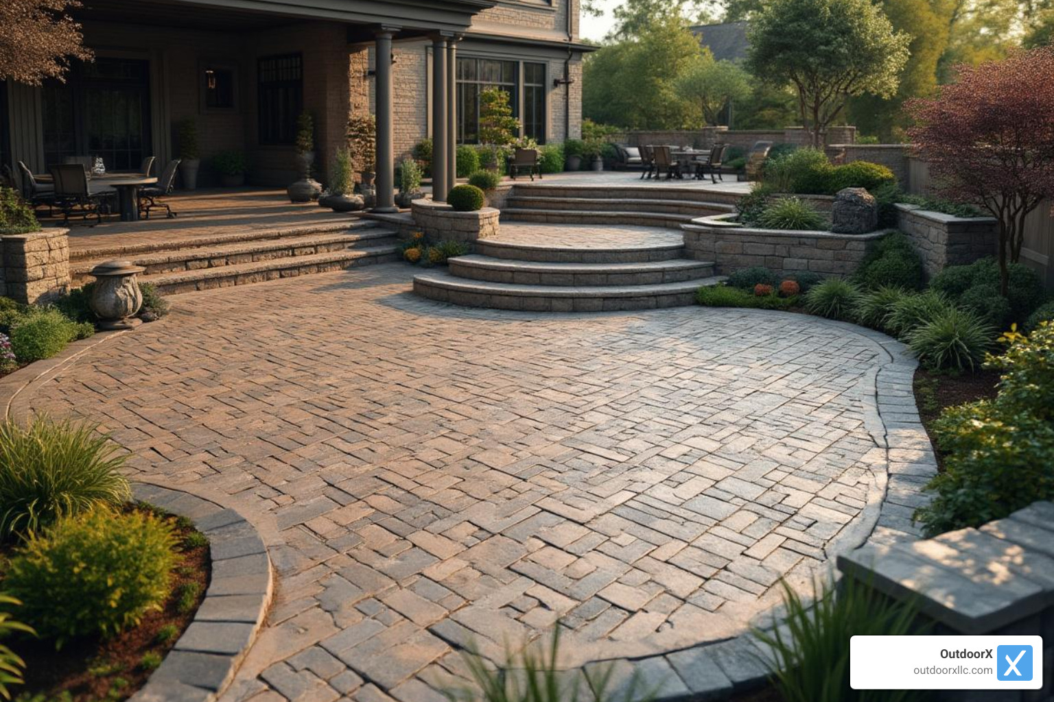 complex paver patio with multiple levels and intricate patterns - patio paver contractors near me