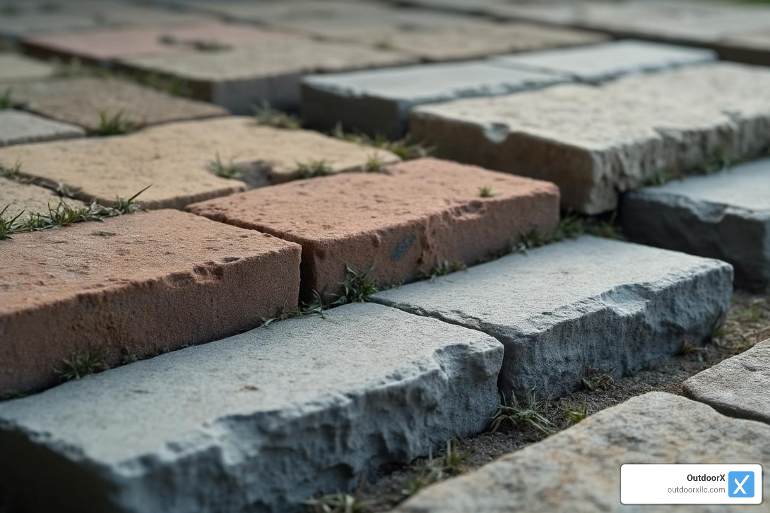 different paver materials like concrete, brick, and natural stone with sample price tags - patio paver contractors near me