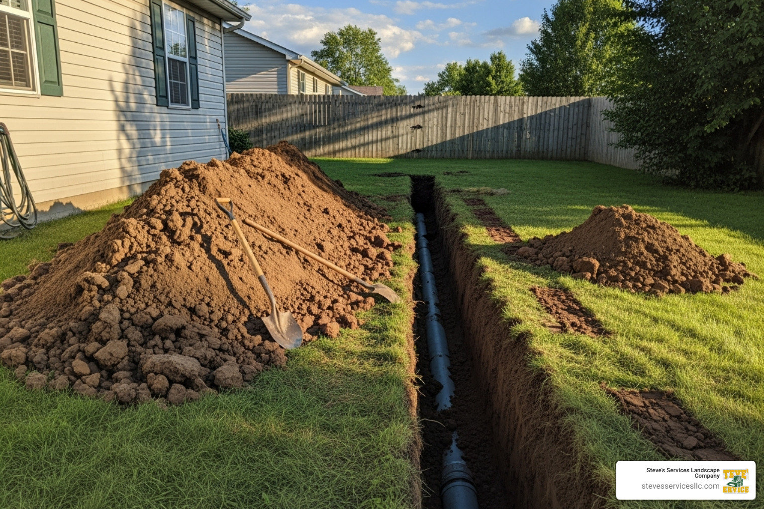 Yard with large mound of dirt post-excavation - Sewer line excavation