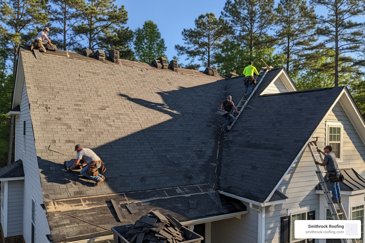 damaged roof decking exposed after tear-off - shingle roof replacement NC