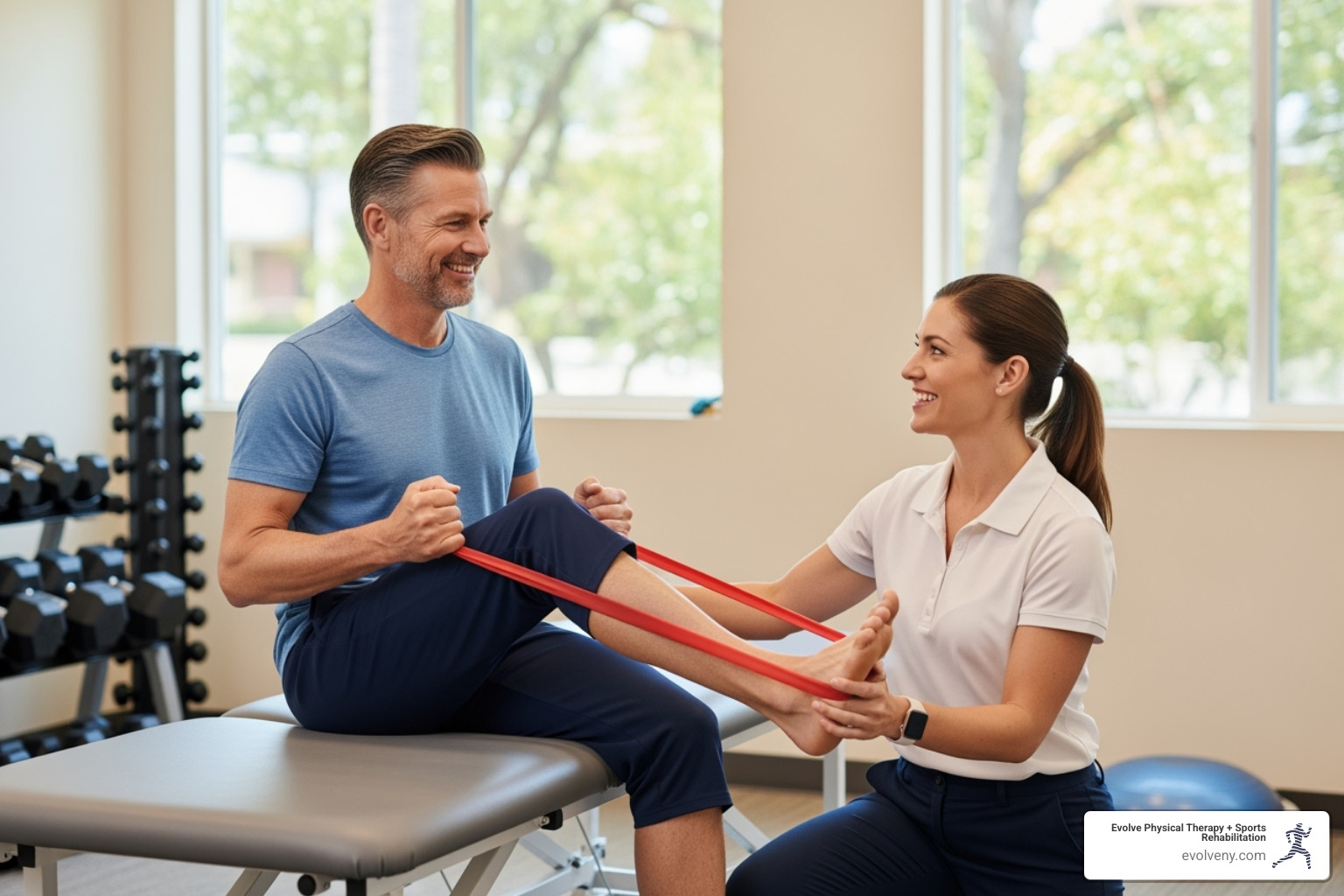 Smiling patient working with a physical therapist - movement disorder physical therapy Smiling patient working with a physical therapist - movement disorder physical therapy