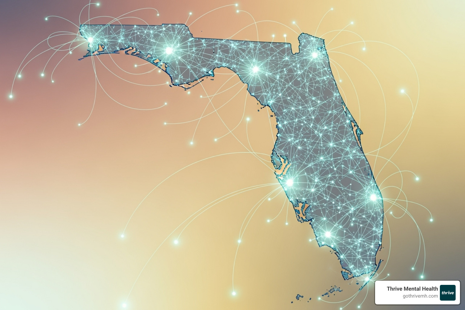 A map of Florida with digital connection points, symbolizing virtual care access within the state, set against a calming, wellness-focused backdrop - virtual IOP programs near me