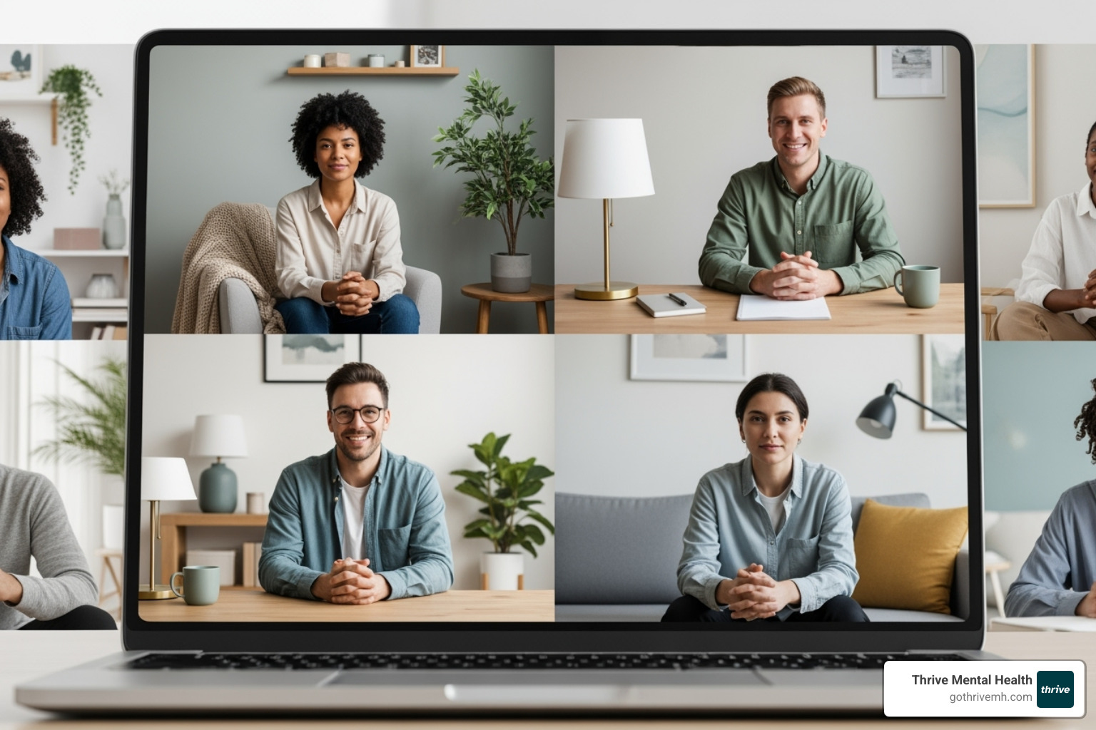 A diverse group of people engaged in a virtual group therapy session on a laptop screen, emphasizing connection and wellness - virtual IOP programs near me
