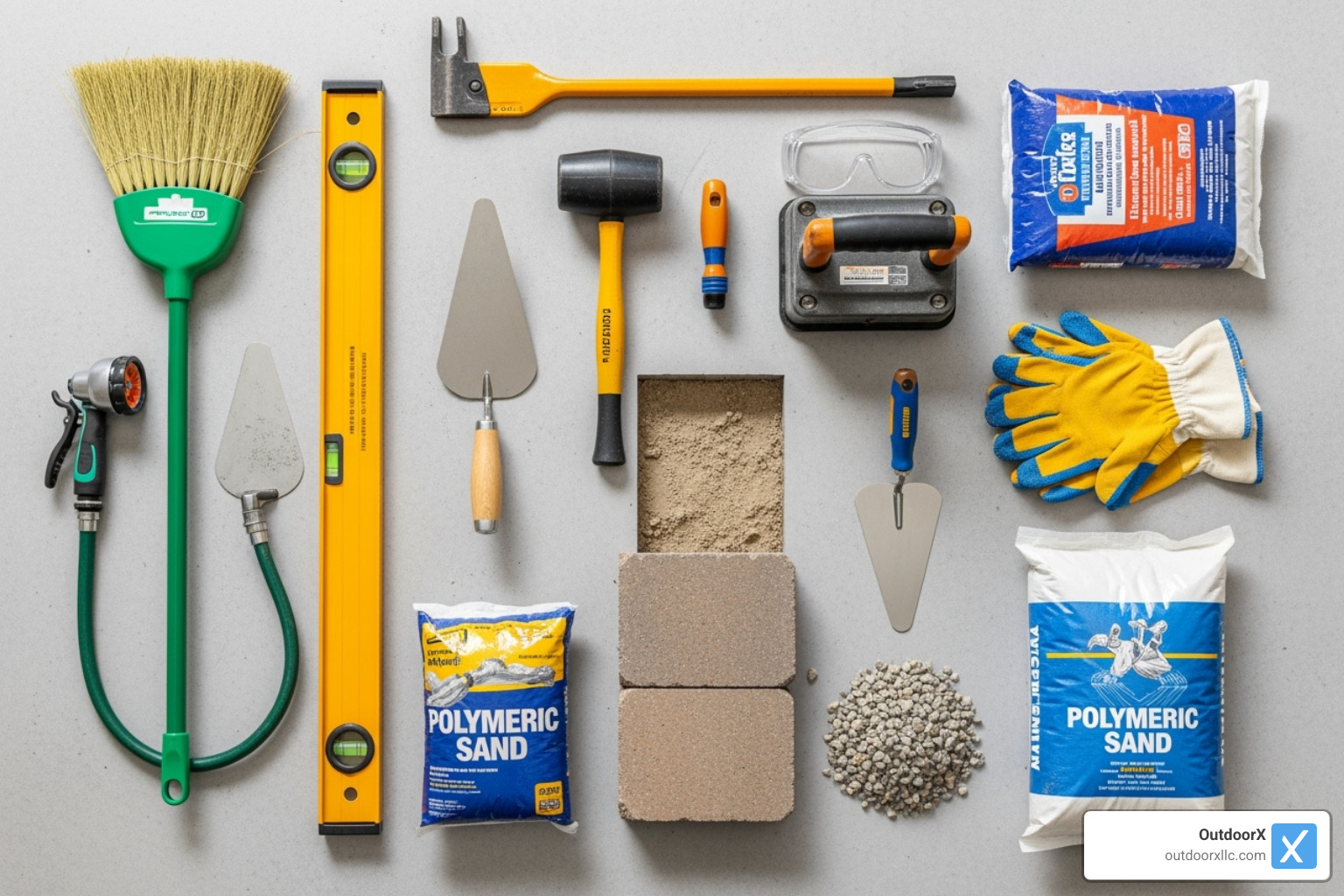 all the necessary tools and materials laid out - replacing patio stones