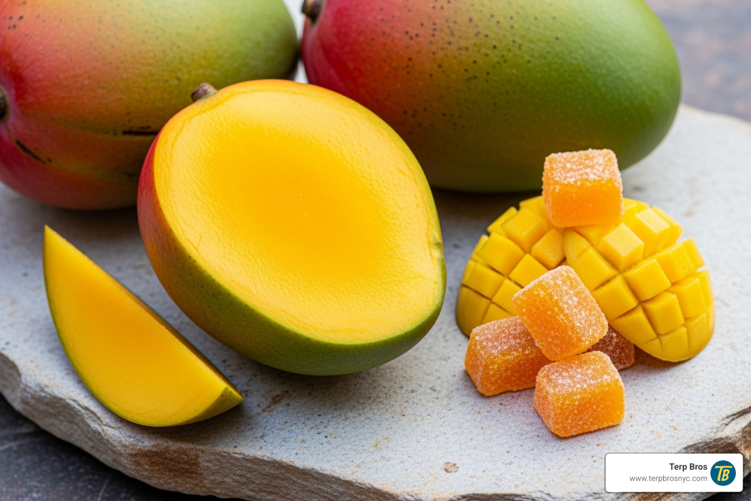 Fresh mangoes next to mango-flavored gummies, emphasizing natural flavoring. - magic mango gummy