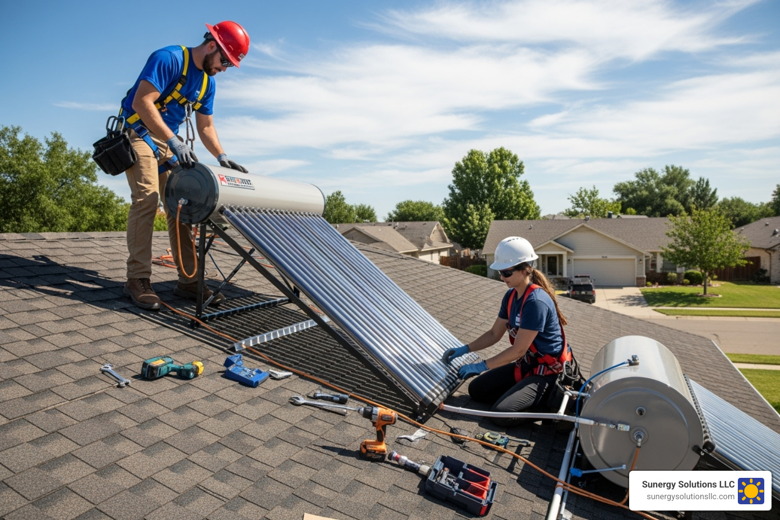 certified technicians installing a solar water heater on a US residential roof - solar heating and cooling systems for homes