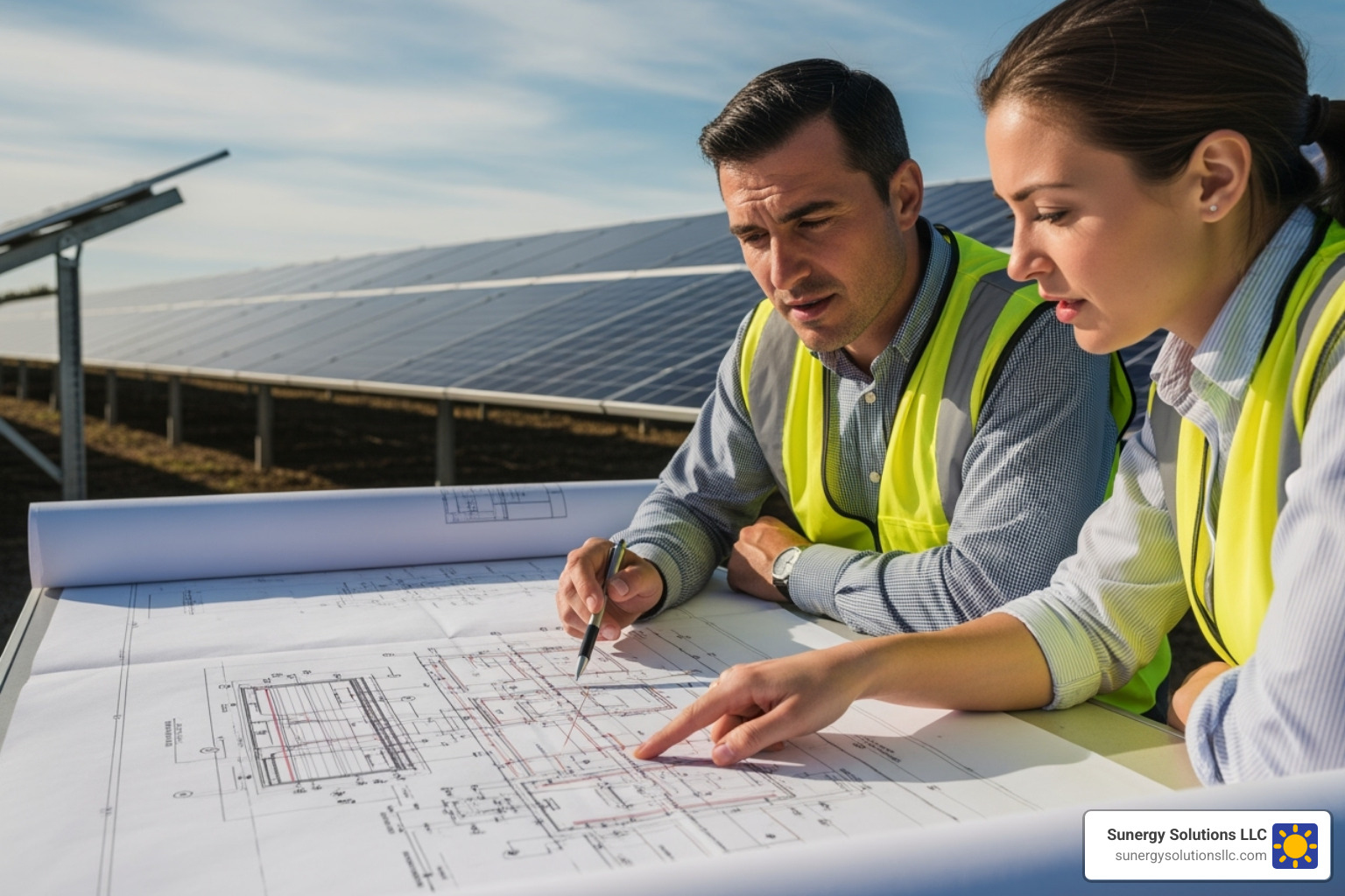 engineers reviewing blueprints at a solar installation site. - commercial ground mount solar engineers reviewing blueprints at a solar installation site. - commercial ground mount solar