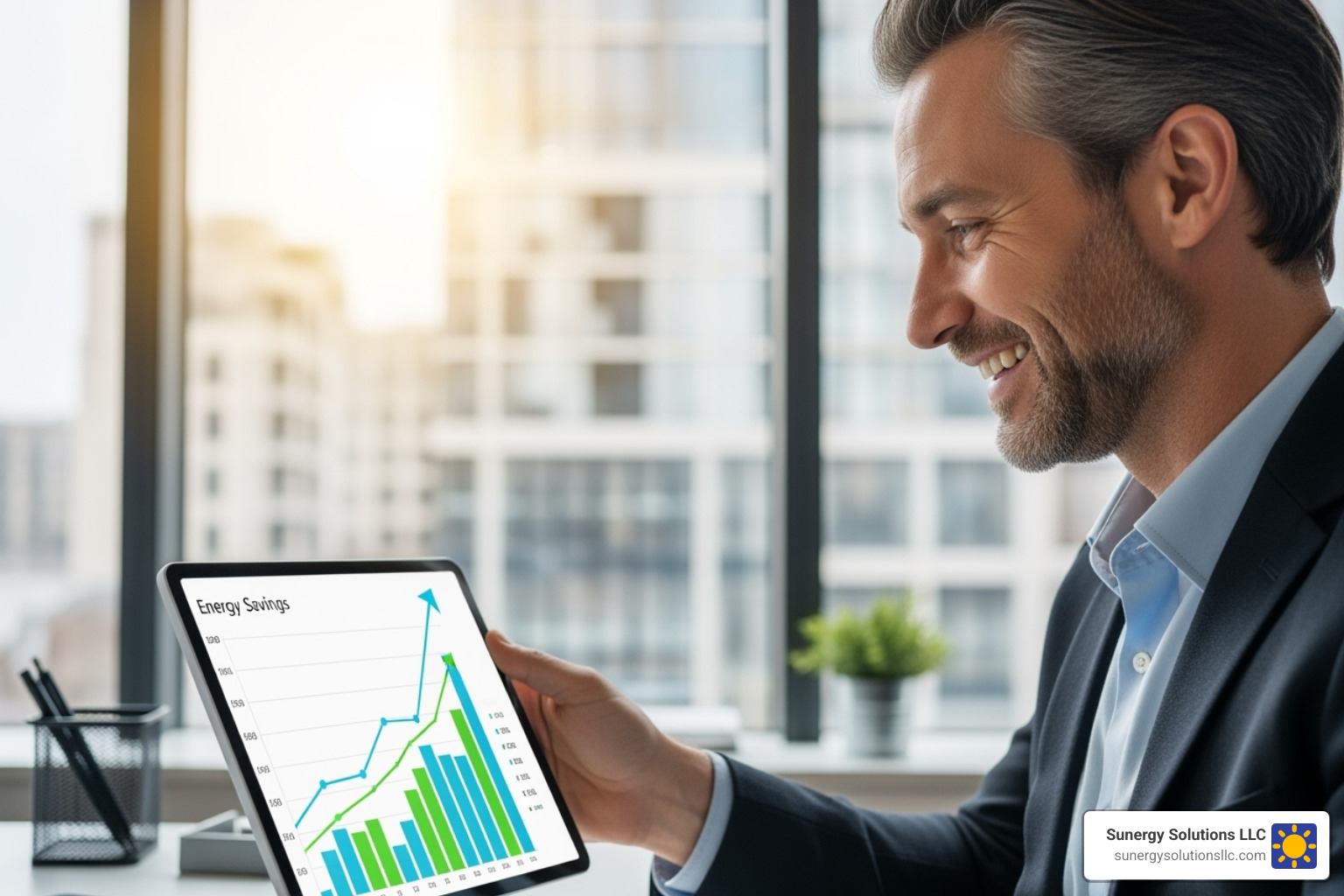 business owner smiling while looking at a tablet displaying energy savings. - commercial ground mount solar business owner smiling while looking at a tablet displaying energy savings. - commercial ground mount solar