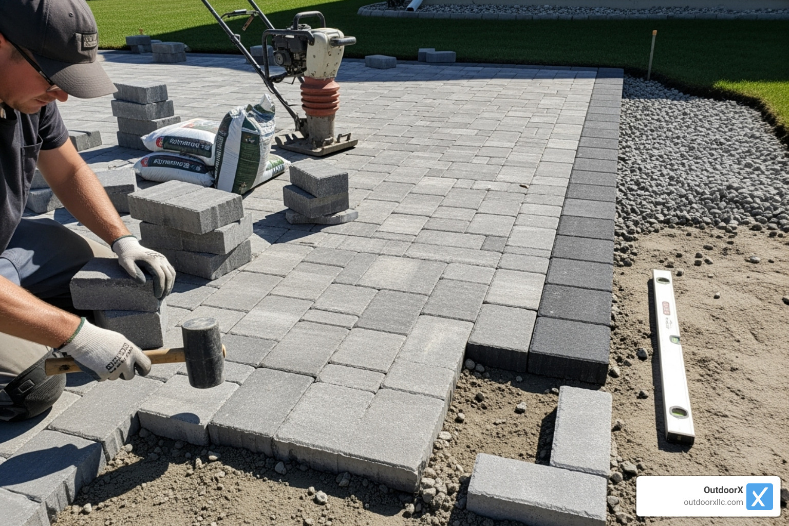 a properly excavated area showing the compacted gravel base and slope - patio paver installation