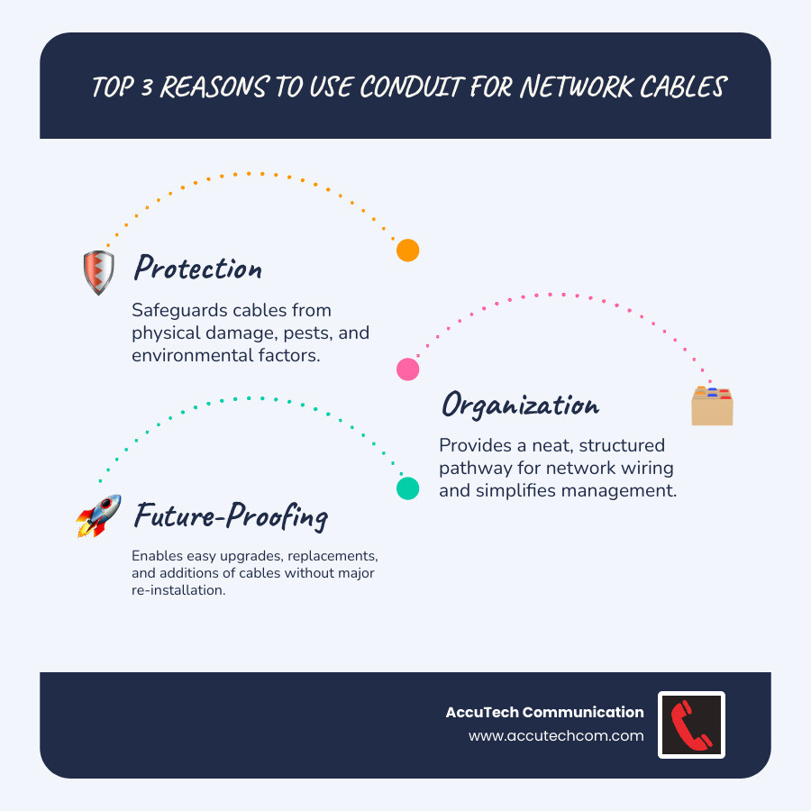 Infographic explaining the top 3 reasons to use conduit for network cables: Protection, Organization, and Future-Proofing. - conduit ethernet cable infographic infographic-line-3-steps-blues-accent_colors