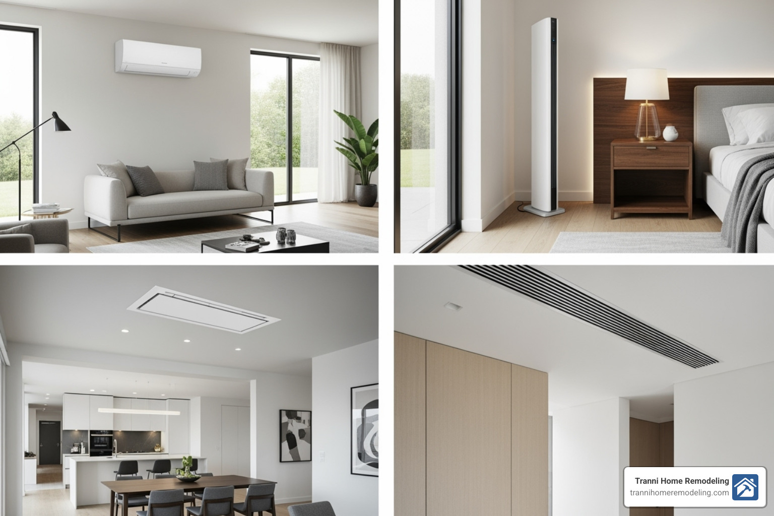different styles of indoor units in various room settings - ductless air conditioner