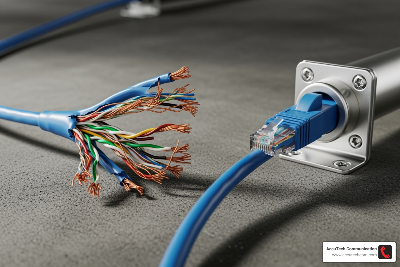 image of a damaged Ethernet cable next to a protected one inside a conduit - conduit ethernet cable