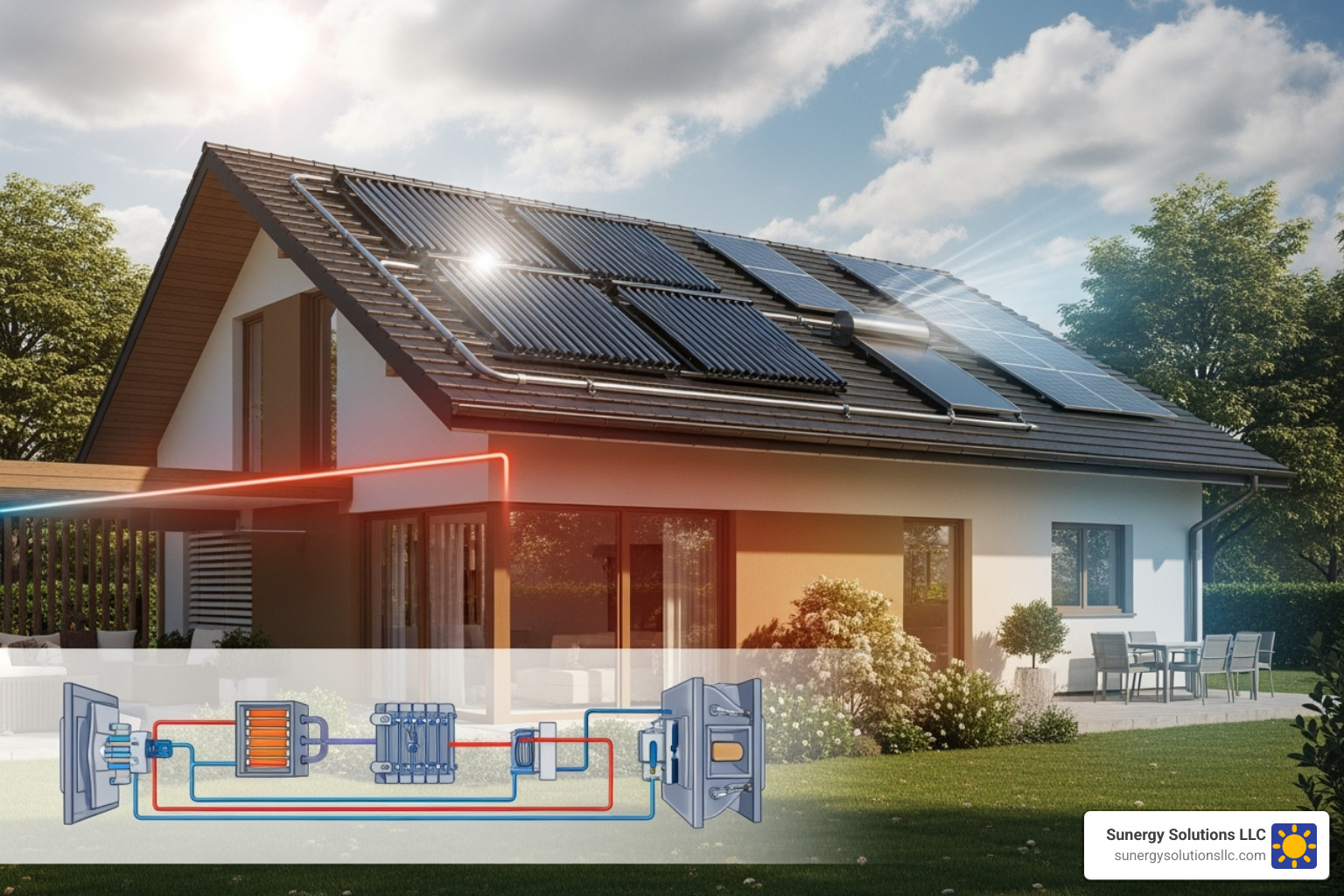 diagram showing the basic components of a solar thermal system - solar heating and cooling systems for homes