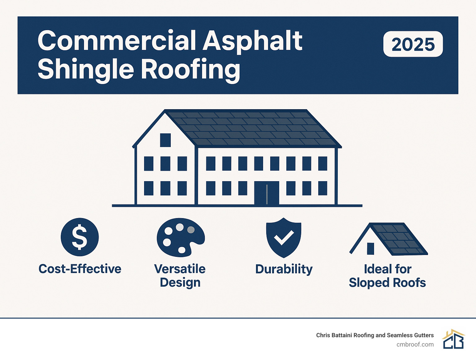 Infographic summarizing key benefits and characteristics of commercial asphalt shingle roofing, including cost-effectiveness, versatility, durability, and suitability for sloped commercial buildings. - commercial asphalt shingle roofing infographic 