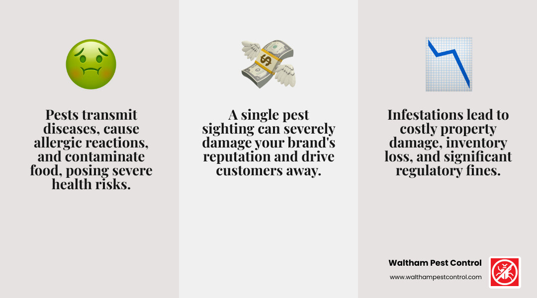 Infographic showing the three main risks of commercial pest infestations: health hazards including disease transmission and allergic reactions, financial losses from property damage and regulatory fines, and reputation damage from customer complaints and failed inspections - commercial insect control infographic 3_facts_emoji_grey