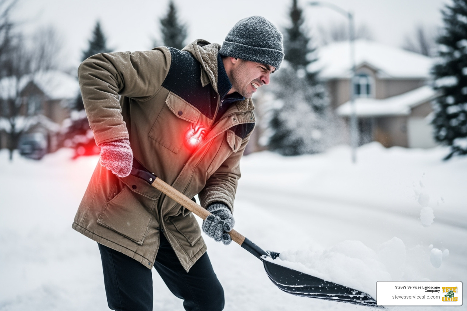 illustrating the physical strain of shoveling, highlighting back and heart stress points - snow cleaning