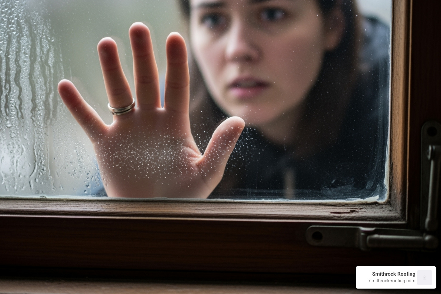 A homeowner checking a drafty window with their hand, feeling cold air. - window and door replacement