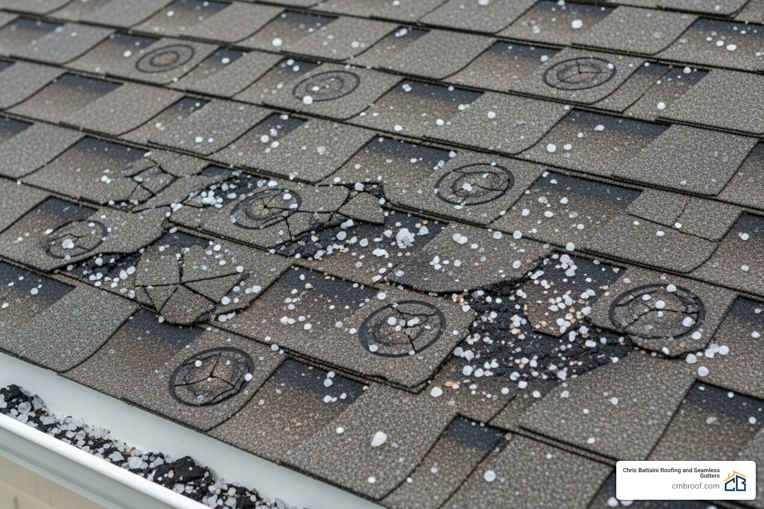 Hail damage on a shingle roof - commercial asphalt shingle roofing