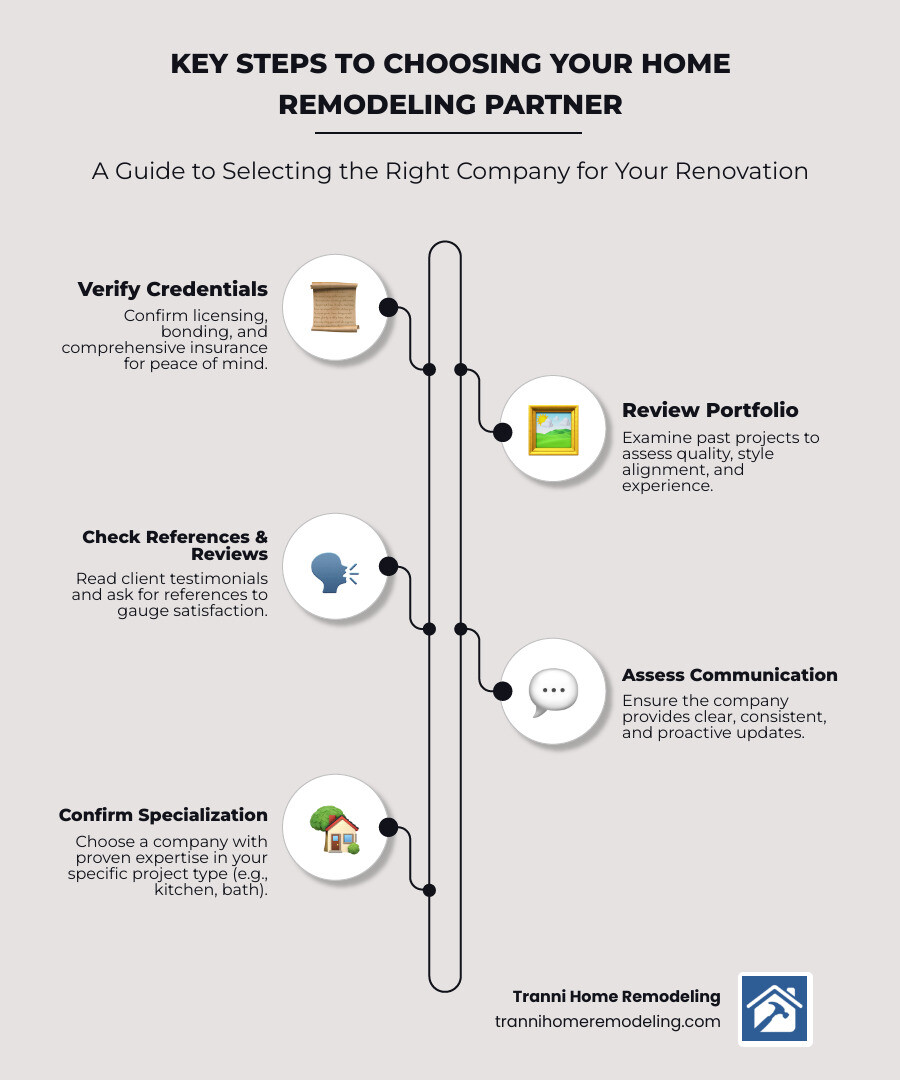 Infographic: Key Steps to Choosing a Home Remodeling Company - includes sections for checking licenses & insurance, reviewing portfolios, reading client reviews, and ensuring clear communication. - home remodeling company infographic infographic-line-5-steps-neat_beige