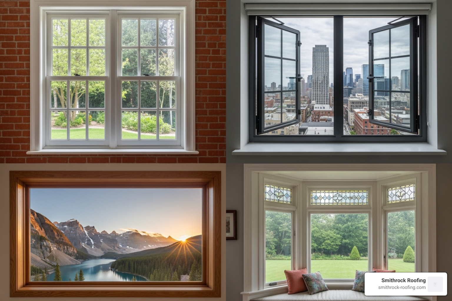A collage of different window styles including double-hung, casement, picture, and bay windows. - window and door replacement