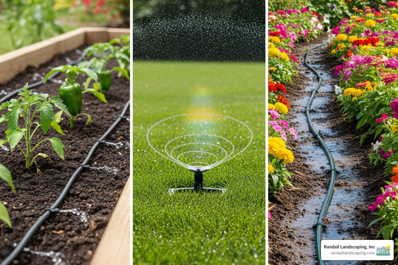 Image showing a side-by-side comparison of a drip line in a vegetable bed, a sprinkler on a lawn, and a soaker hose in a flower border - cost of garden irrigation system Image showing a side-by-side comparison of a drip line in a vegetable bed, a sprinkler on a lawn, and a soaker hose in a flower border - cost of garden irrigation system