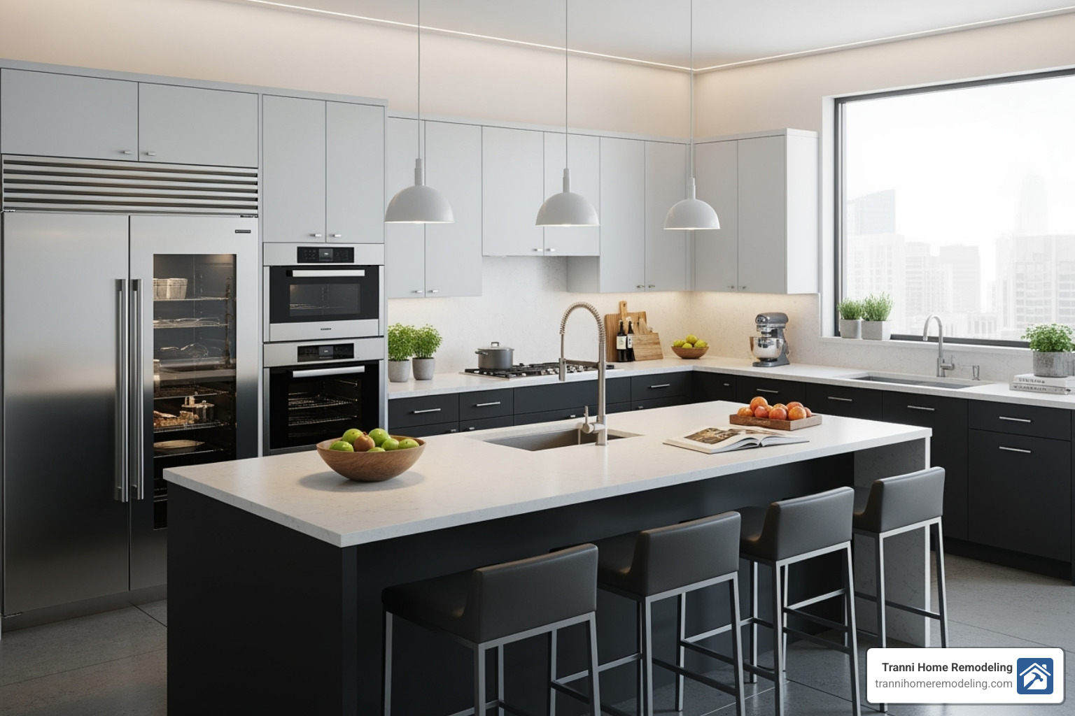 A modern kitchen featuring sleek, two-tone cabinets (dark lower, light upper), smart appliances, and a large central island with integrated seating. - kitchen companies near me
