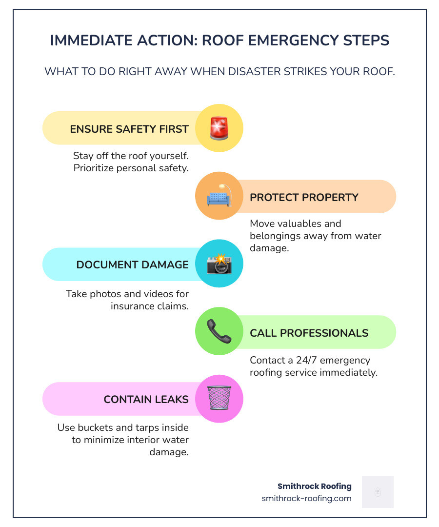 Infographic showing 5 immediate steps for roof emergencies: 1) Ensure safety and evacuate if needed, 2) Move valuables away from leaks, 3) Place buckets to catch water, 4) Document damage with photos, 5) Call professional emergency roofers immediately - emergency roof repair services infographic infographic-line-5-steps-colors