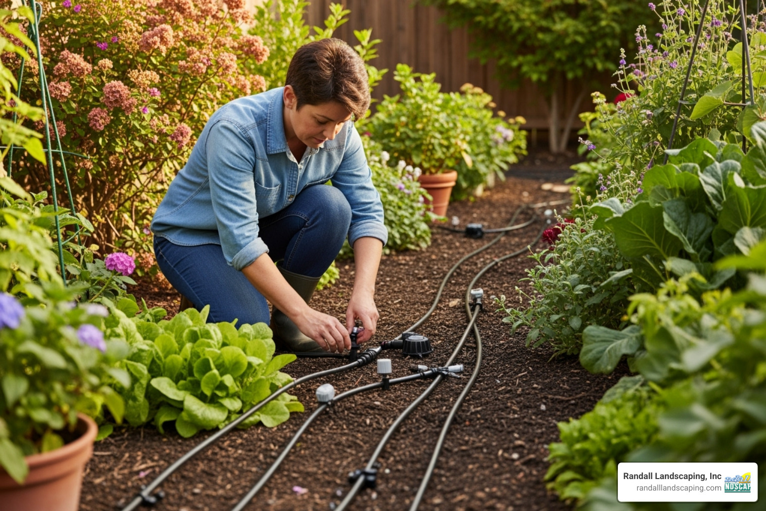 Image of a homeowner laying out a DIY drip irrigation kit - cost of garden irrigation system Image of a homeowner laying out a DIY drip irrigation kit - cost of garden irrigation system
