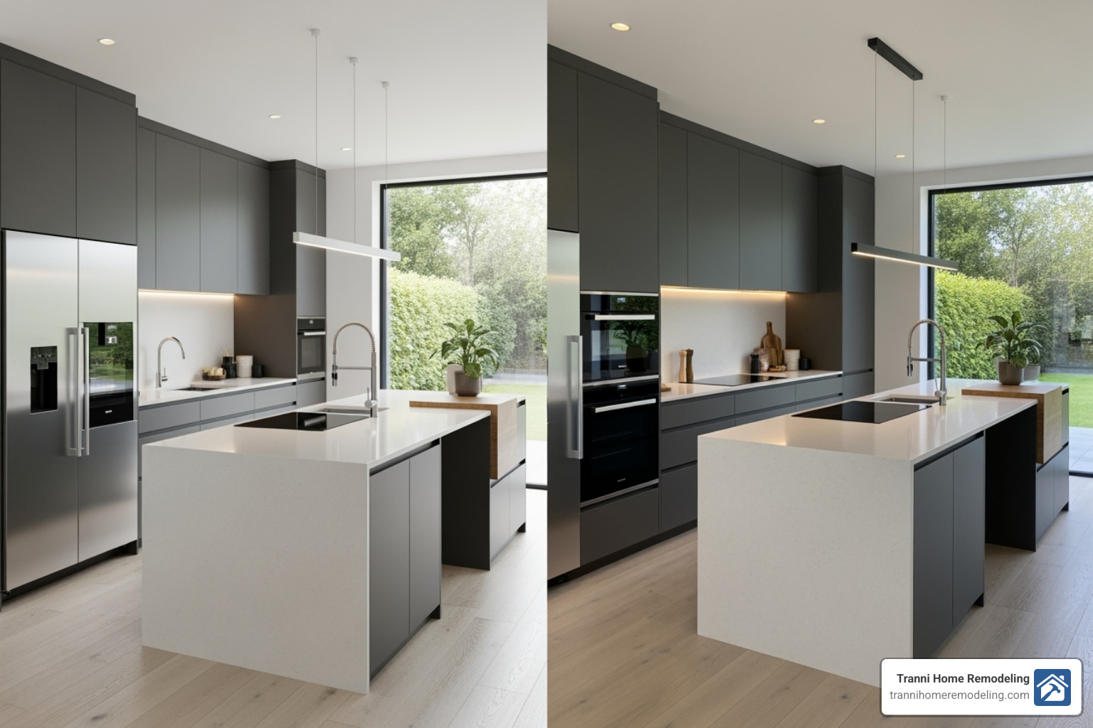 3D kitchen design rendering next to a photo of a finished, modern kitchen - kitchen companies near me