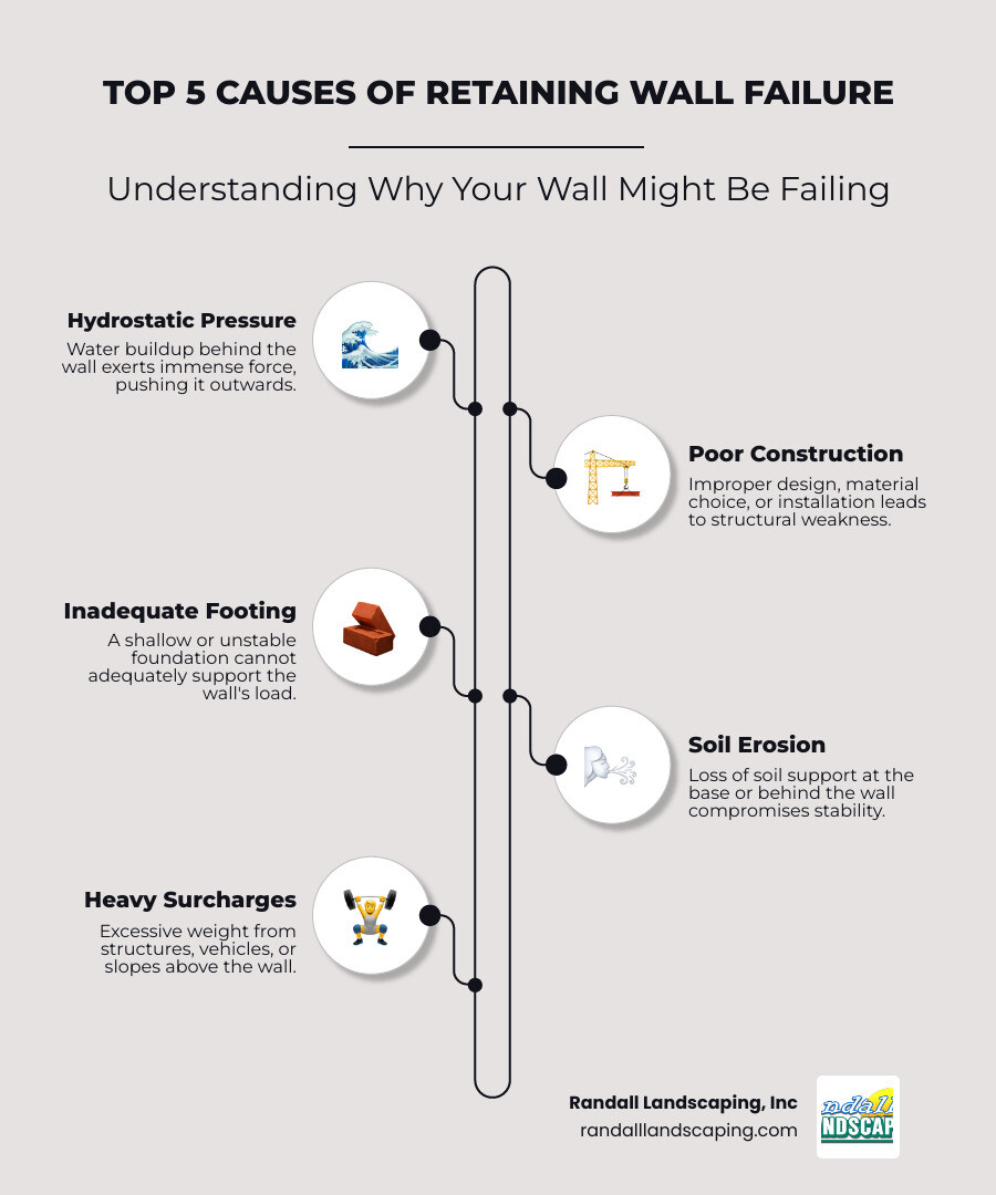Infographic detailing the top 5 causes of retaining wall failure: Hydrostatic Pressure, Poor Construction, Inadequate Footing, Soil Erosion, and Heavy Surcharges - repair retaining walls infographic infographic-line-5-steps-neat_beige Infographic detailing the top 5 causes of retaining wall failure: Hydrostatic Pressure, Poor Construction, Inadequate Footing, Soil Erosion, and Heavy Surcharges - repair retaining walls infographic infographic-line-5-steps-neat_beige