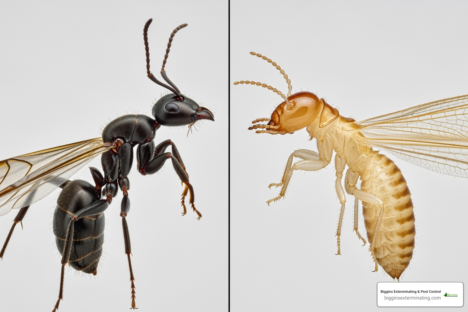 side-by-side comparison of a carpenter ant and a termite - find carpenter ant nest