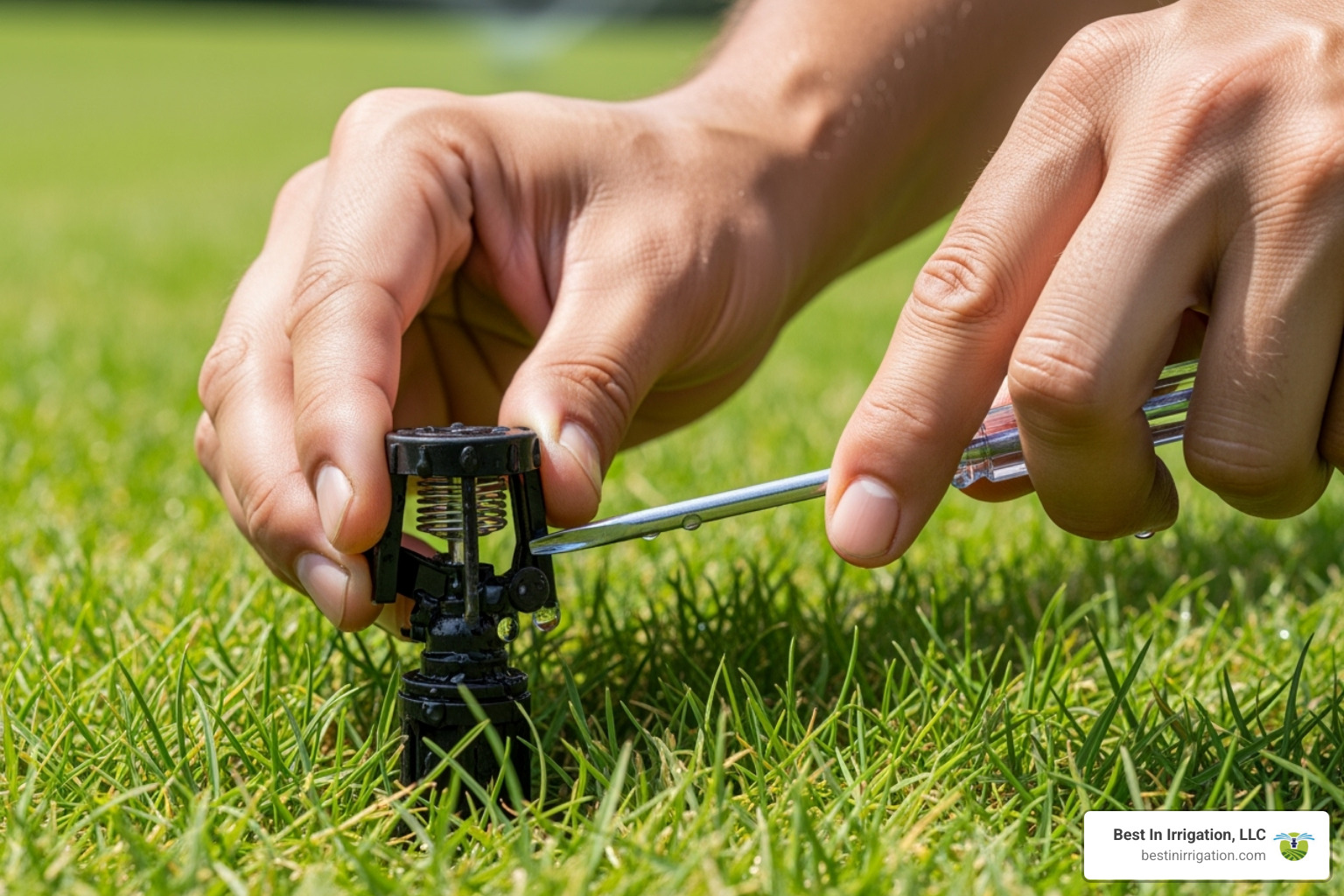 person adjusting a pop-up sprinkler head - yard irrigation repair person adjusting a pop-up sprinkler head - yard irrigation repair