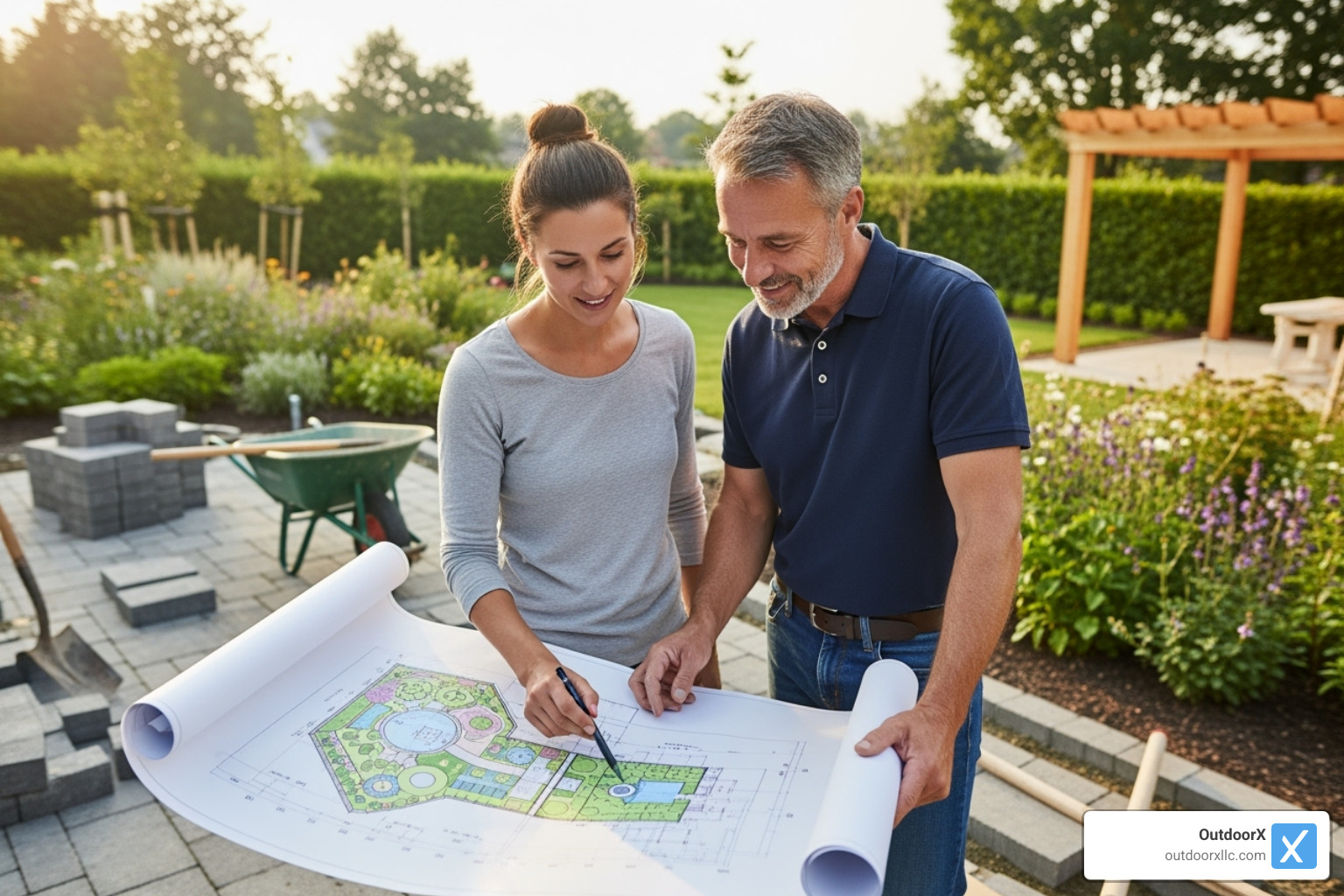 Landscape designer reviewing plans with a homeowner - Landscaping Company Near Me Landscape designer reviewing plans with a homeowner - Landscaping Company Near Me