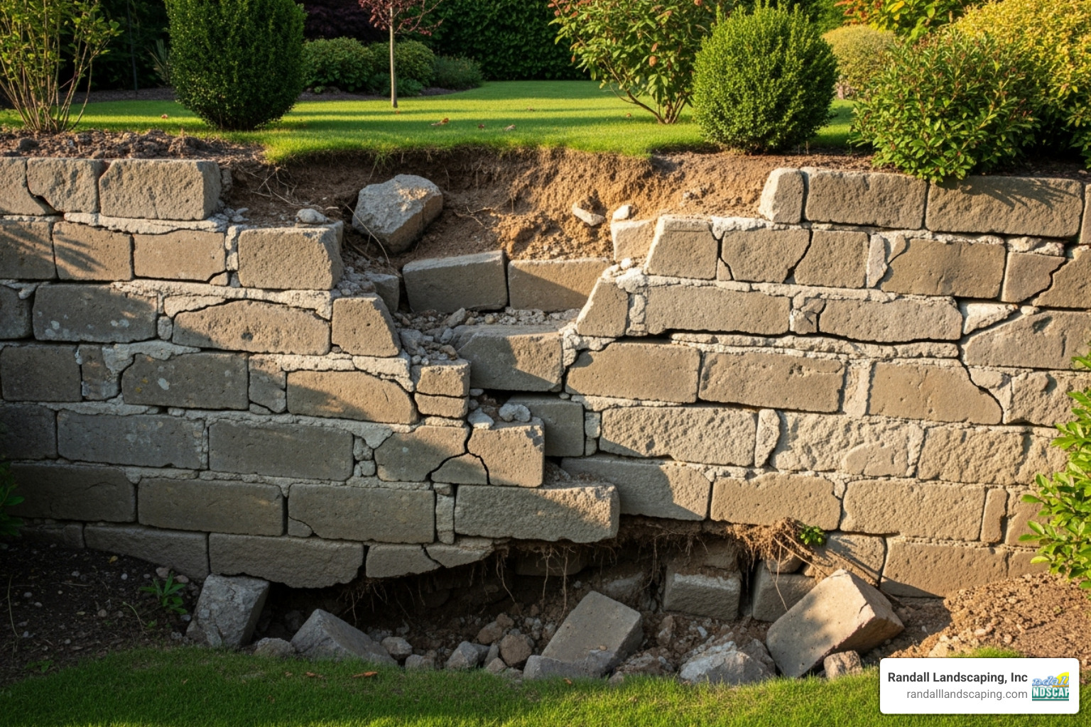retaining wall with clear signs of failure, like a significant lean and large cracks - repair retaining walls retaining wall with clear signs of failure, like a significant lean and large cracks - repair retaining walls