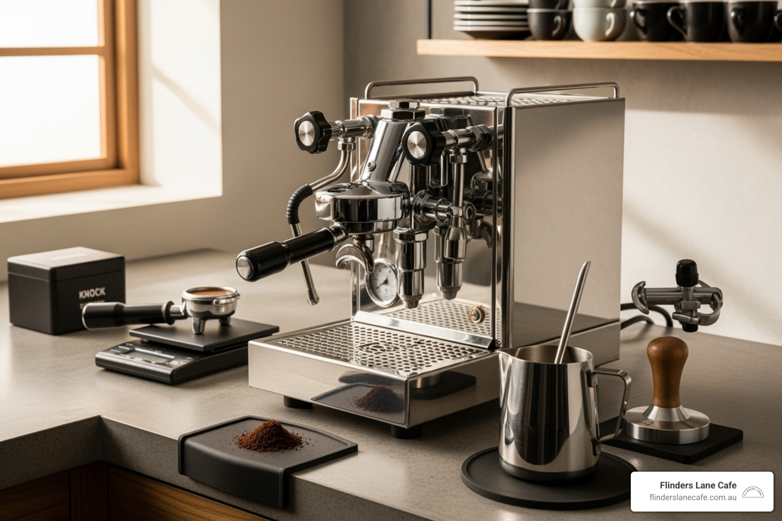 image of a home espresso machine setup with a milk pitcher and tamper - flat white espresso