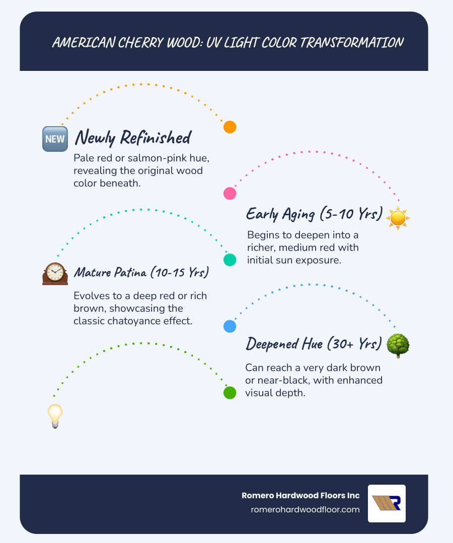 Infographic showing a timeline of American Cherry wood color change due to UV exposure: New (pale red) -> 5 years (medium red) -> 15 years (deep red/brown) -> 30+ years (dark brown/black, with chatoyance) - refinishing american cherry floors infographic infographic-line-5-steps-blues-accent_colors