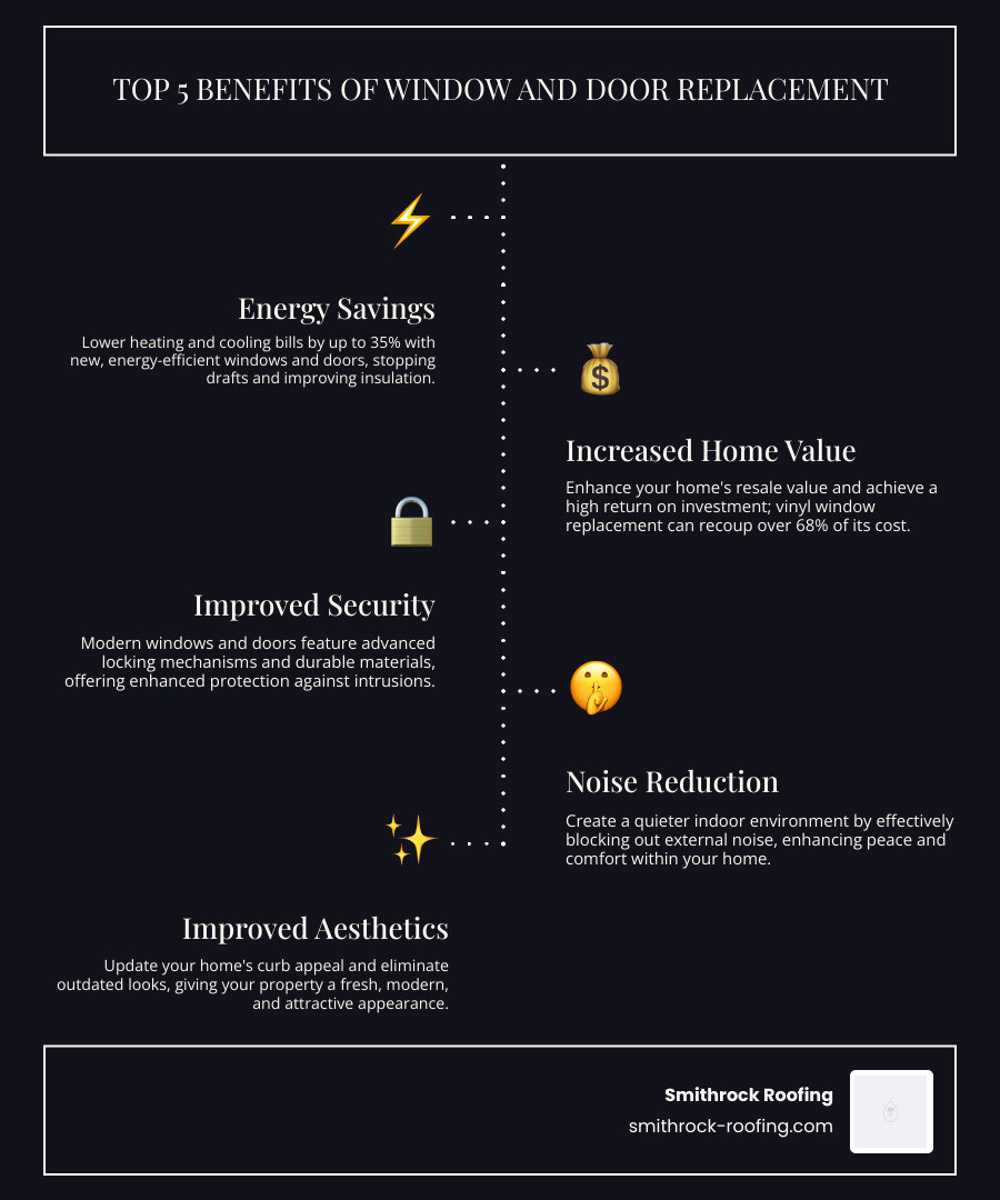 Infographic showing the top 5 benefits of window and door replacement: Energy Savings, Increased Home Value, Improved Security, Noise Reduction, and Improved Aesthetics - window and door replacement infographic infographic-line-5-steps-dark