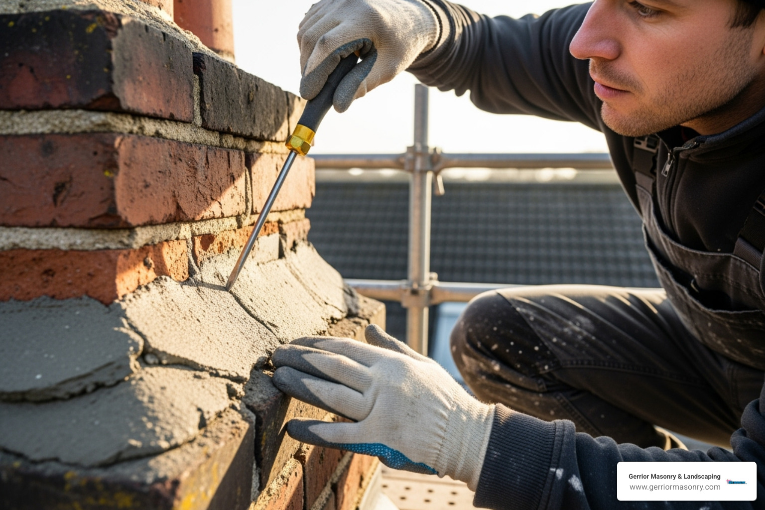 a person closely inspecting chimney brickwork with a screwdriver - repair chimney mortar